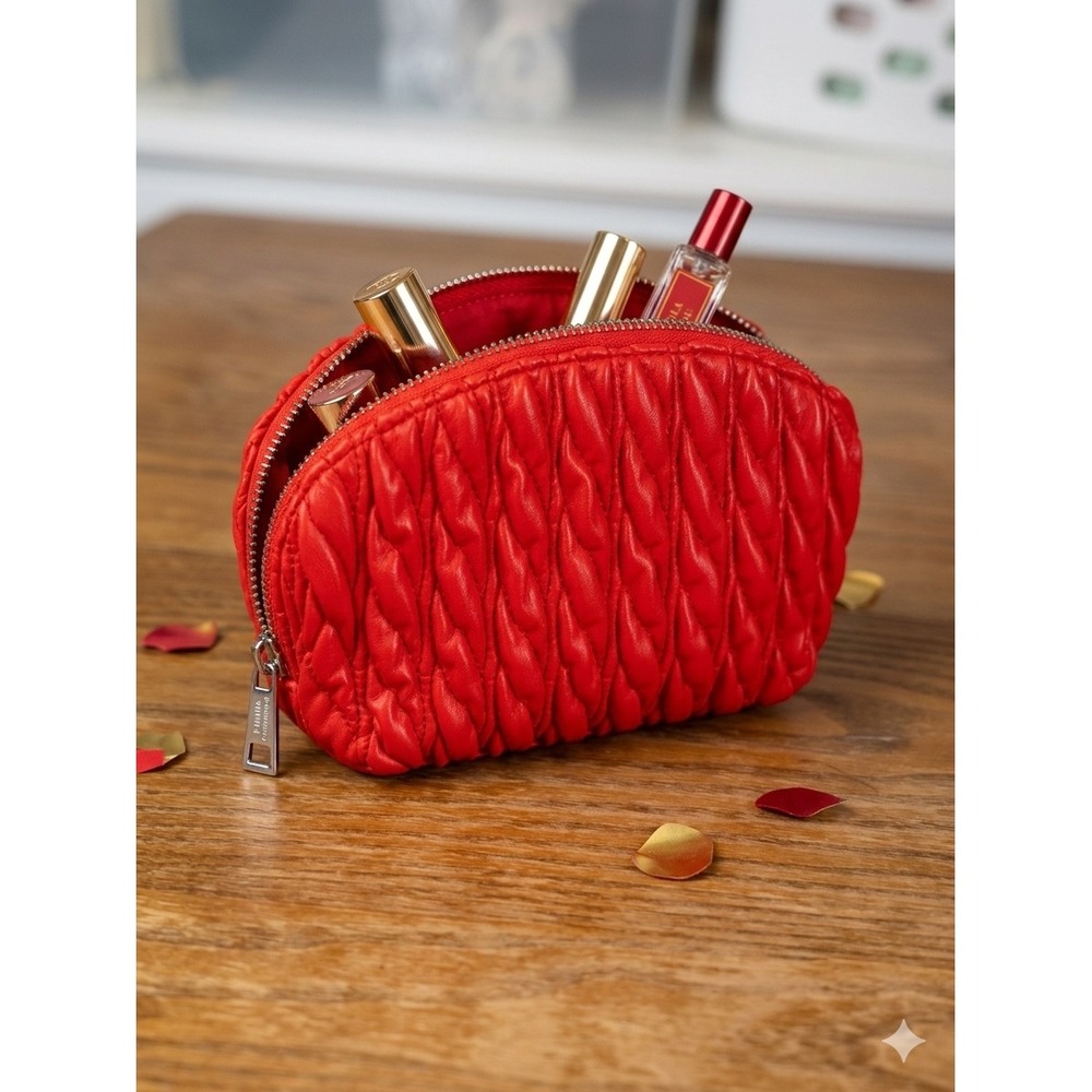 A New Day Red Quilted Cosmetic Bag Matelasse Makeup Pouch Zipper Travel Case